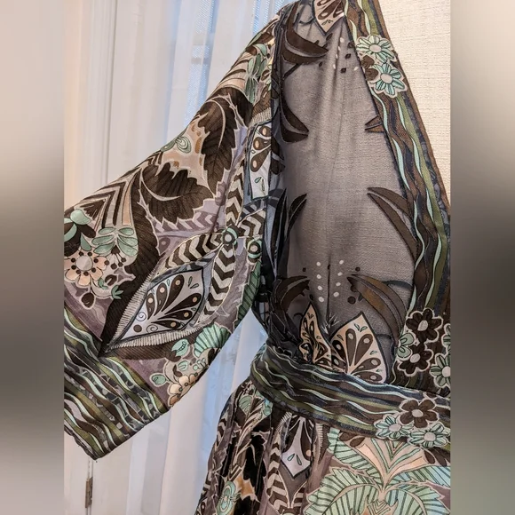 Eci 1X silk burnout tunic top tie backs fit & flare blue brown sheer Boho blouse - Picture 2 of 6